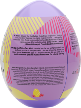 Tył fioletowego opakowania Egg Hunt Edition Face Milk w kształcie jajka, z tekstem i żółtym jajkiem.