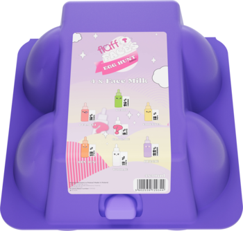 Fioletowa silikonowa forma na 4 jajka do pieczenia, widok z góry, z etykietą 'flaff EGG MIX'.