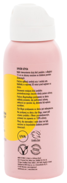 Tył różowego flakonika St. Moriz Suncare Sunscreen Face Spray z polskimi instrukcjami i symbolami UVA.