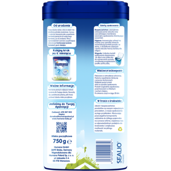 Tył cylindrycznego opakowania mleka początkowego Humana 1, niebiesko-białe z opisem produktu.