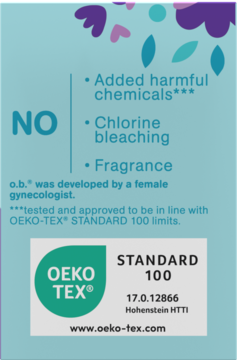 o.b.® ExtraProtect, etykieta z napisem „NO Added harmful chemicals, Chlorine bleaching, Fragrance” oraz logo OEKO-TEX 100.