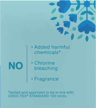 Niebieska grafika 'NO': bez szkodliwych chemikaliów, chloru i zapachu w tamponach o.b. ProComfort, OEKO-TEX.