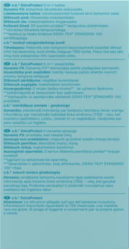Część opakowania tamponów o.b. ExtraProtect z tekstem w wielu językach na niebiesko-zielonym tle.