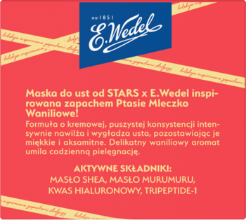 Czerwona grafika reklamowa: Maska do ust STARS x E.Wedel o zapachu waniliowego Ptasie Mleczko, z masłem shea.