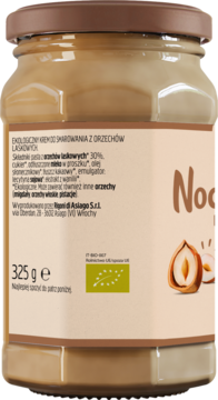 Tył szklanego słoika Nocciolata Bianca, kremu BIO z orzechów laskowych 325g. Etykieta ze składem, wagą i logo.