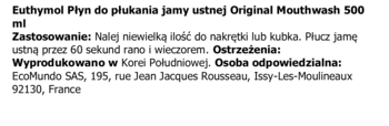 Euthymol Płyn do płukania jamy ustnej Original 500 ml, tył etykiety z polską instrukcją i danymi.