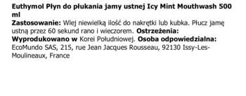 Euthymol Icy Mint Płyn 500ml: instrukcje użycia, ostrzeżenia, kraj pochodzenia i dane producenta.
