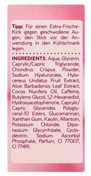Tył różowego opakowania sztyftu pod oczy z kompletną listą składników, m.in. kofeina i hialuronian sodu.