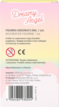 Tył opakowania figurki Dreamy Angel, pastelowe tło z różem i żółcią, widoczne ostrzeżenia, symbol 0-3 i kod kreskowy.