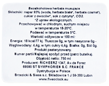 Etykieta bezalkoholowej herbaty musującej Riccheerz z danymi o składnikach, wartościach odżywczych.