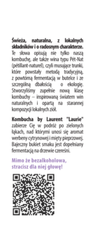 Pionowy tekst reklamy wegańskiej kombuchy Laurent Laurie z naturalnych ziół i kwiatów, oraz QR kod.