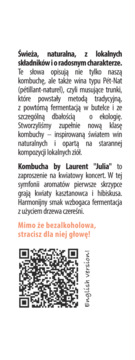 Ulotka Kombucha by Laurent Julia z polskim opisem napoju, pomarańczowym hasłem i QR kodem do wersji angielskiej.
