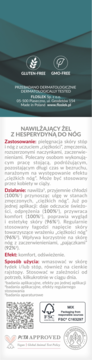 Tył opakowania nawilżającego żelu Floslek z hesperydyną na ciężkie nogi. Opis działania, certyfikaty FSC i PETA.