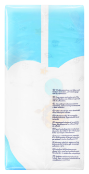 Tył jasnoniebieskiego opakowania produktu dla dzieci z białymi chmurami, widoczne ostrzeżenia.