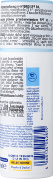 Tył opakowania kremu Rossmann Hydro SPF 30 z polskim i niemieckim tekstem, logo Vegan i kodem kreskowym.