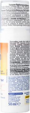 Biała butelka Sunozon Fluid przeciwsłoneczny 50 ml, tył z listą składników i informacjami o producencie.