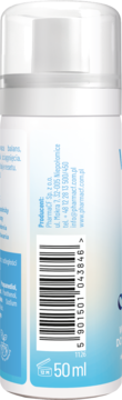 Zbliżenie na tylną etykietę białej butelki PharmaCF, z kodem kreskowym i danymi kontaktowymi, 50ml.