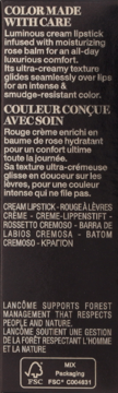 Tył czarnego opakowania pomadki Lancôme L'Absolu Rouge Cream Rose Nature, z opisem produktu i logo FSC.
