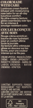 Tył opakowania pomadki Lancôme L'Absolu Rouge Cream, ciemna etykieta z opisem formuły i logo FSC.