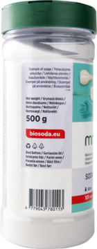 Tył opakowania sody oczyszczonej mr.Soda 500g, z etykietą pokazującą wagę, stronę biosoda.eu i kod kreskowy.