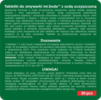 Tylna etykieta tabletek do zmywarki mr.Soda z sodą oczyszczoną, zielone tło z instrukcjami i ostrzeżeniami.