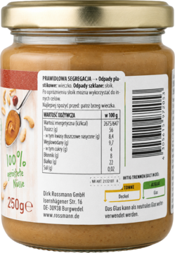 Tył szklanego słoika kremu orzechowego Rossmann 250g, z etykietą, wartościami odżywczymi i kodem kreskowym.