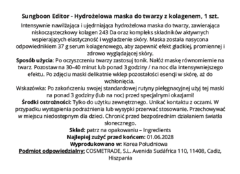 Etykieta hydrożelowej maski Sungboon Editor z kolagenem, nawilżającej i ujędrniającej skórę, widok z góry.