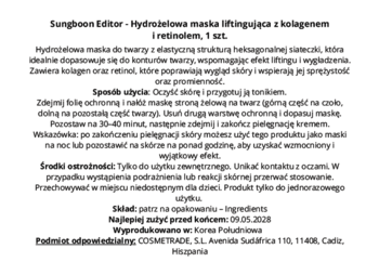 Tekstowy opis produktu: hydrożelowa maska liftingująca Sungboon Editor z kolagenem i retinolem.