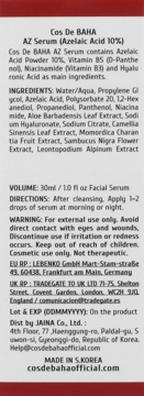 Tył etykiety serum do twarzy Cos De BAHA AZ z 10% kwasem azelainowym, składniki, użycie i ostrzeżenia.