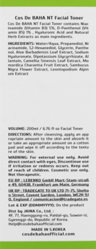 Tył opakowania rozjaśniająco-nawilżającego toniku Cos De BAHA NT Niacinamide z etykietą i listą składników.