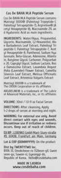 Tył butelki serum Cos De BAHA M.A Peptide, widoczne szczegóły składu, dawkowania i ostrzeżeń.