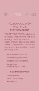 Informacyjny obrazek różu do policzków w sztyfcie 03 Creamy Apricot, opis cech i składników aktywnych.