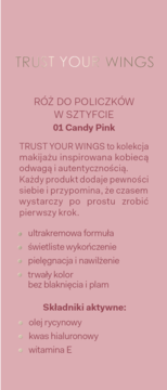 Różowy plakat z opisem różu w sztyfcie TRUST YOUR WINGS 01 Candy Pink, z listą cech i składników.
