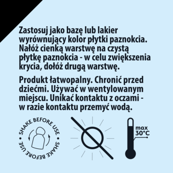 Tył opakowania CC Nail Polish, jasnoniebieska etykieta z instrukcjami, ostrzeżeniami i symbolami: wstrząśnij, chroń przed słońcem, max 30°C.