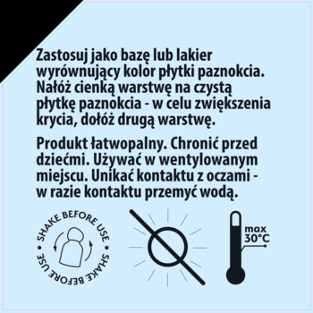 Etykieta lakieru do paznokci CC z polskimi instrukcjami, ikonami: 'wstrząsnąć', 'bez słońca', 'max 30°C'.