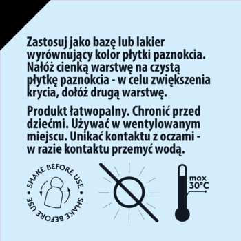 Fragment etykiety CC Nail Polish z instrukcjami w języku polskim i symbolami: wstrząśnij, chroń przed słońcem, max 30°C.