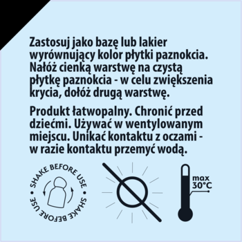 Tył opakowania lakieru CC Nail Polish. Tekst PL z instrukcją, ostrzeżeniami i symbolami przechowywania.