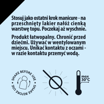 Fragment etykiety topu utrwalającego TOP NAIL na jasnoniebieskim tle z instrukcją użycia i symbolami ostrzegawczymi.