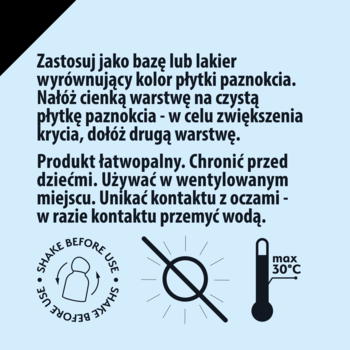 Tył etykiety lakieru CC Nail Polish z instrukcją użycia, ostrzeżeniami i ikonami: wstrząsnąć, unikać słońca, max 30°C.