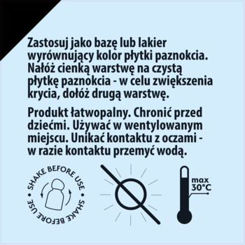 Jasnofioletowa etykieta z instrukcjami użycia lakieru CC Nail Polish i ikonami: wstrząsnąć, unikać słońca, max 30°C.