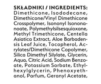 Lista składników bazy wygładzającej CATCH that BLUR, czarny tekst na białym tle. Widoczne Dimethicone.
