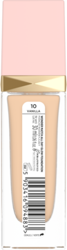 Tył podkładu Eveline Wonder Match Lumi All Day Glow 10 Vanilla, szklana butelka z etykietą i kodem kreskowym.