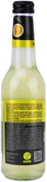 Tył butelki bezalkoholowego Limoncello Spritz, zielonkawo-żółty płyn, czarno-żółta etykieta z drobnym tekstem i logo wegańskim.