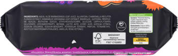 Tył czarnego opakowania nawilżanego papieru toaletowego Alouette Deluxe Teens z widocznym składem, logo FSC i informacjami.