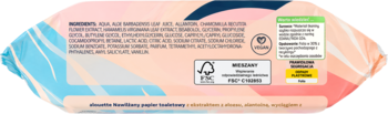 Tył opakowania nawilżanego papieru toaletowego Alouette Deluxe z aloesem, składniki, certyfikaty FSC i wegański.