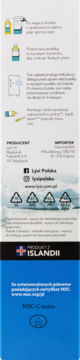 Tył/bok opakowania tranu islandzkiego z instrukcjami, danymi kontaktowymi i dużym logo certyfikatu MSC.