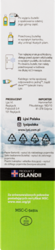 Boczny panel opakowania tranu islandzkiego z instrukcjami, ikonami przechowywania i certyfikatem MSC.