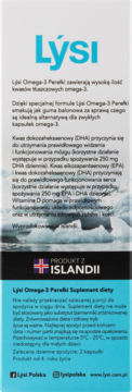 Etykieta suplementu Lýsi Omega-3 Perełki z opisem DHA, EPA, Witaminy D i pochodzenia z Islandii, na białym tle.