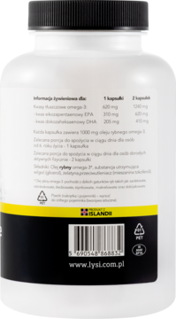 Tył opakowania Lsi Sport Omega 3 Forte. Biała butelka z czarną etykietą, widoczne wartości odżywcze.