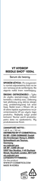 VT HYDROP NEEDLE SHOT 100ML, serum do twarzy. Tył opakowania z polskimi instrukcjami i danymi dystrybutora.